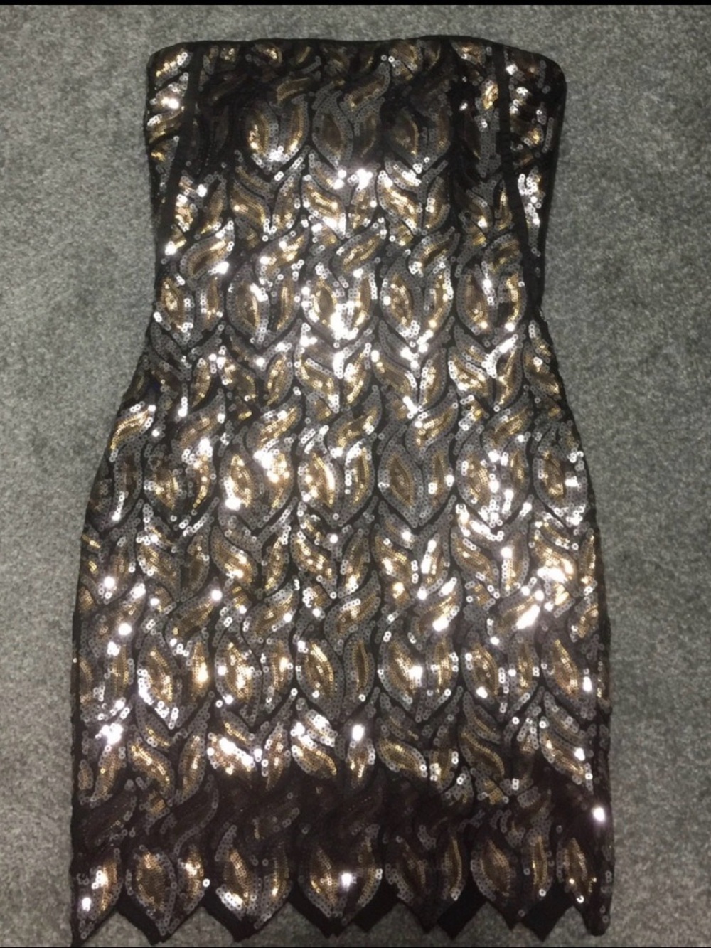 bebe Strapless Sequin Mini Dress in Black and Gold